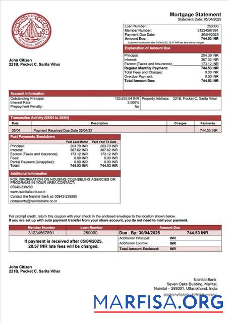 Printable India Nainital Bank mortgage statement Word and PDF template